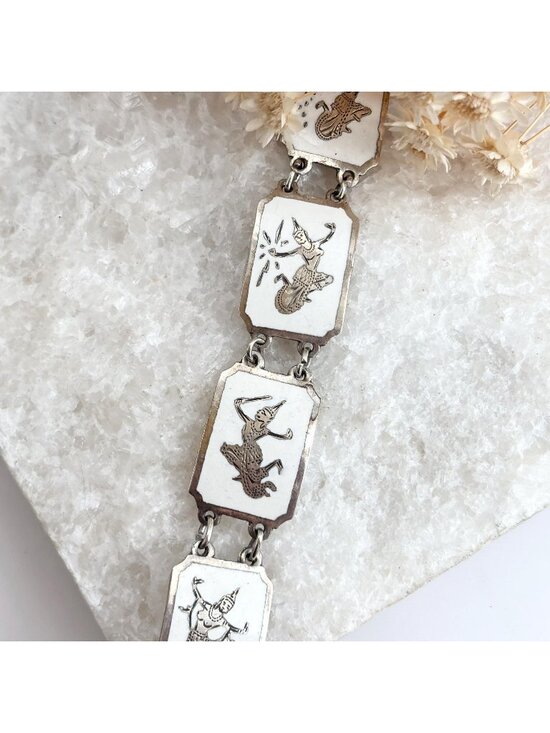 Jewelry - Siam Sterling Silver White Rectangular Paneled Thai 1930's 925 Vintage Bracelet